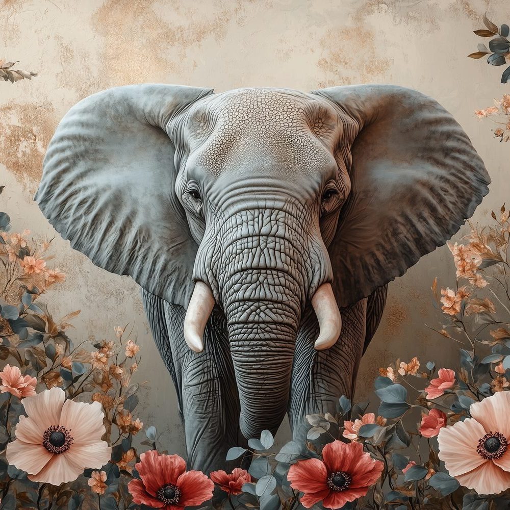 Grijze Olifant Met Bloemen behang