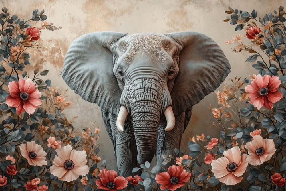 Grijze Olifant Met Bloemen behang