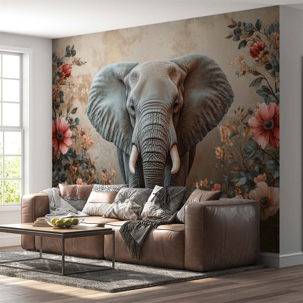 Alternative view of Grijze Olifant Met Bloemen behang