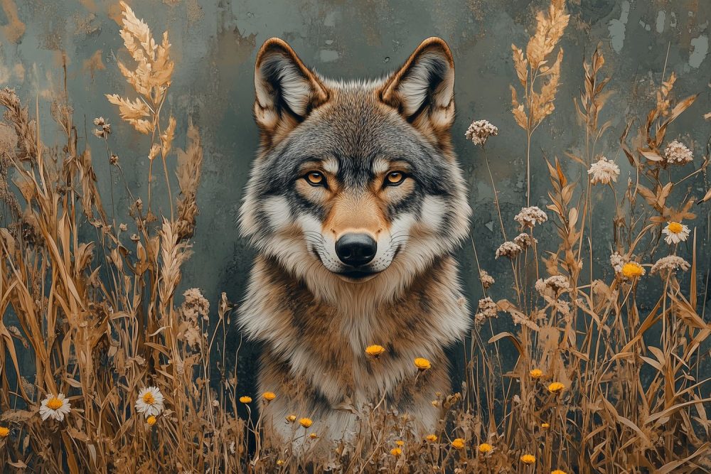 Wolf in rustig bloemenveld behang