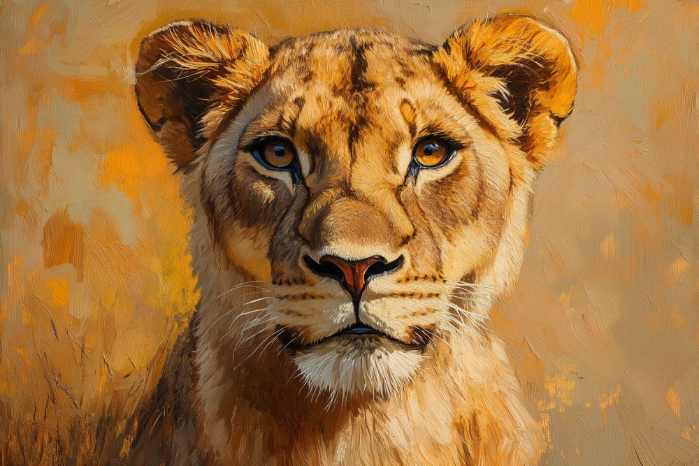 Majestueuze leeuwin impressionistische schildering behang