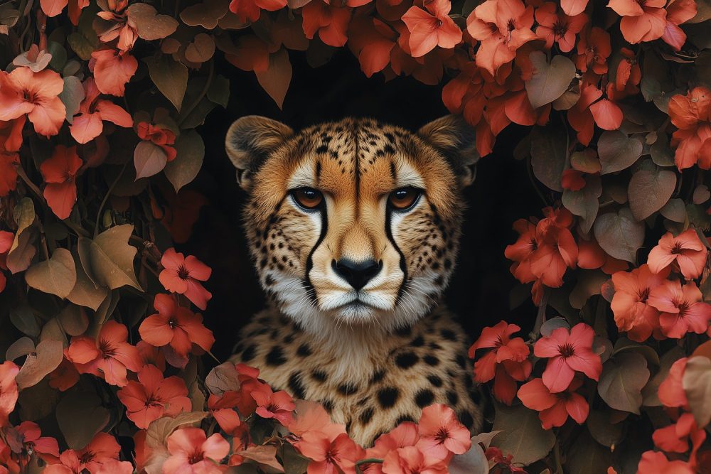 Cheetah tussen rode bloemen behang