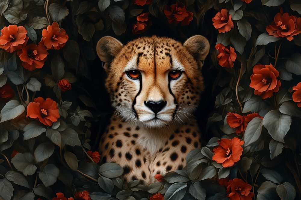 Cheetah in rode bloemen behang