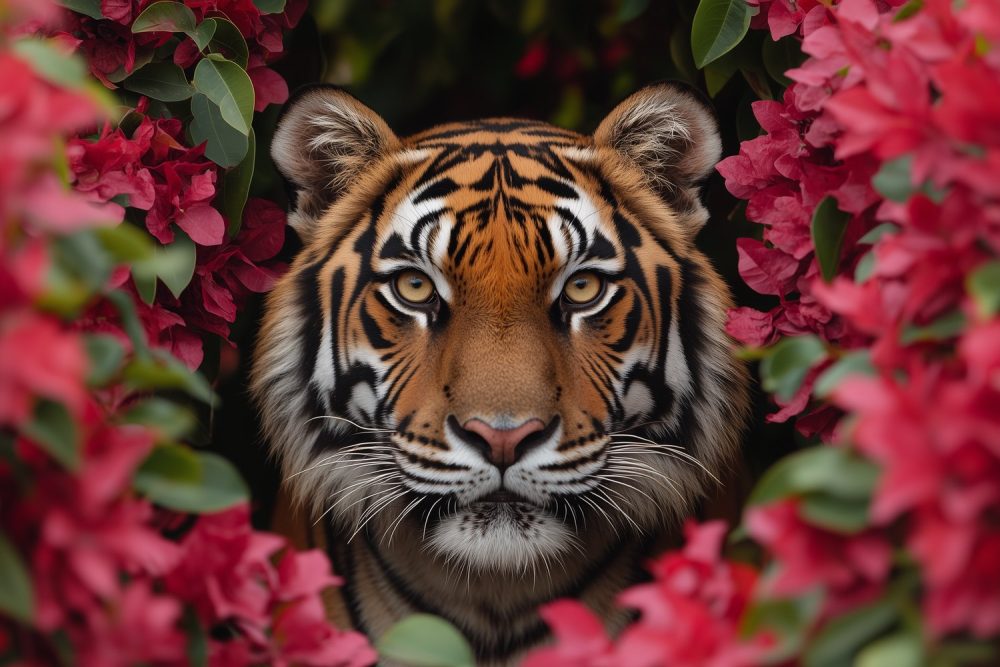 Tijger tussen rode bloemen behang