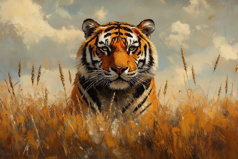 Impressionistische tijger in gras behang