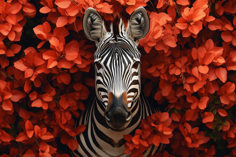 Zebra tussen rode bloemen behang