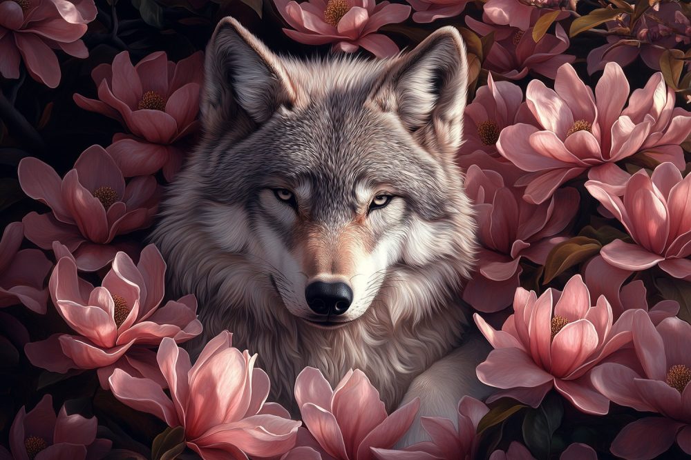 Roze bloemen wolf portret behang