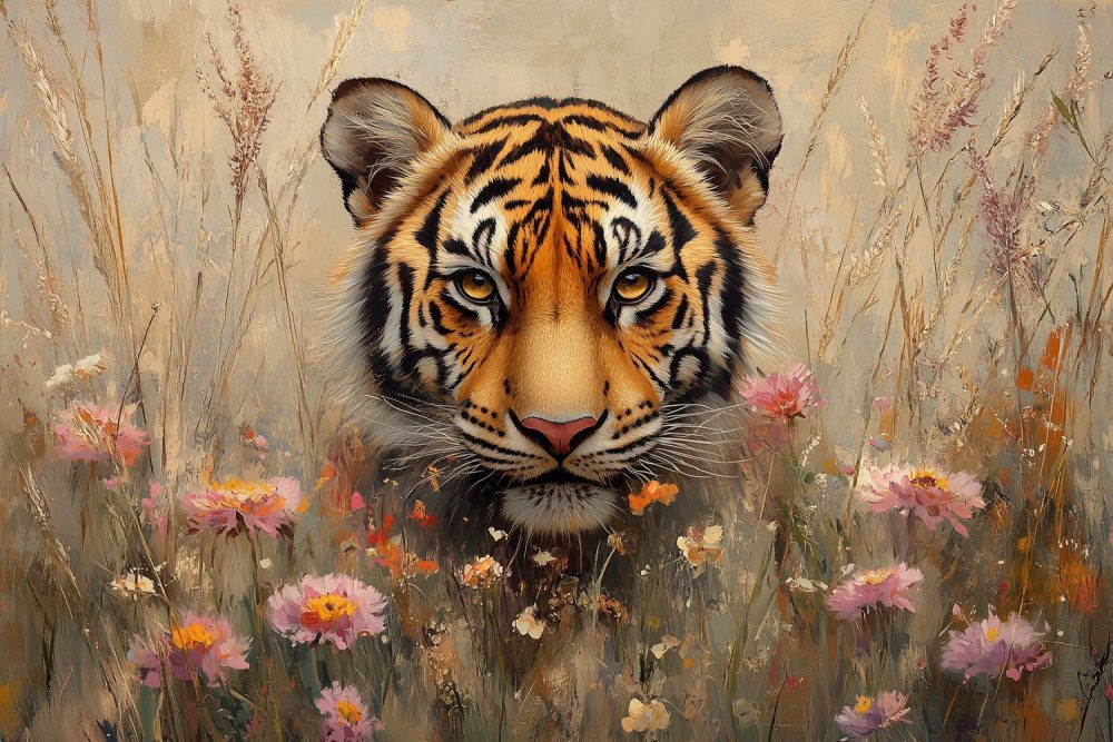 Tijger in bloemenveld behang