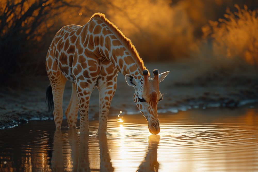 Drinkende giraf bij zonsondergang behang