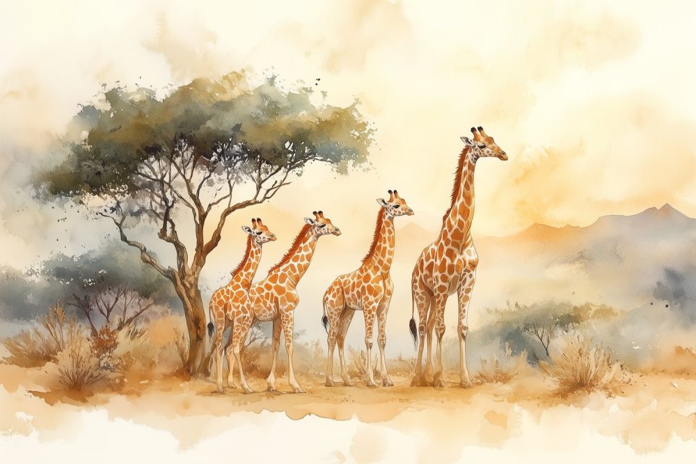 Vier giraffen in savanne behang