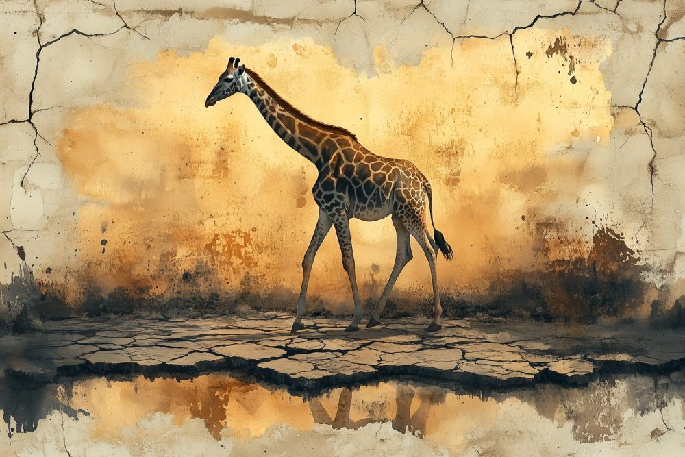 Giraffe op ruig terrein behang