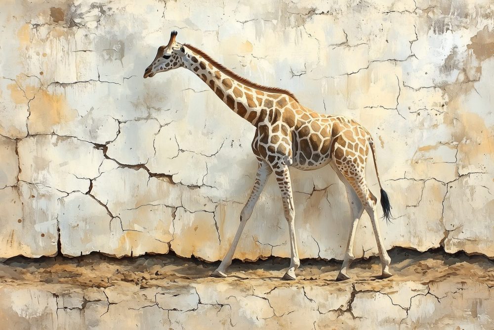 Giraffe voor verweerde muur behang