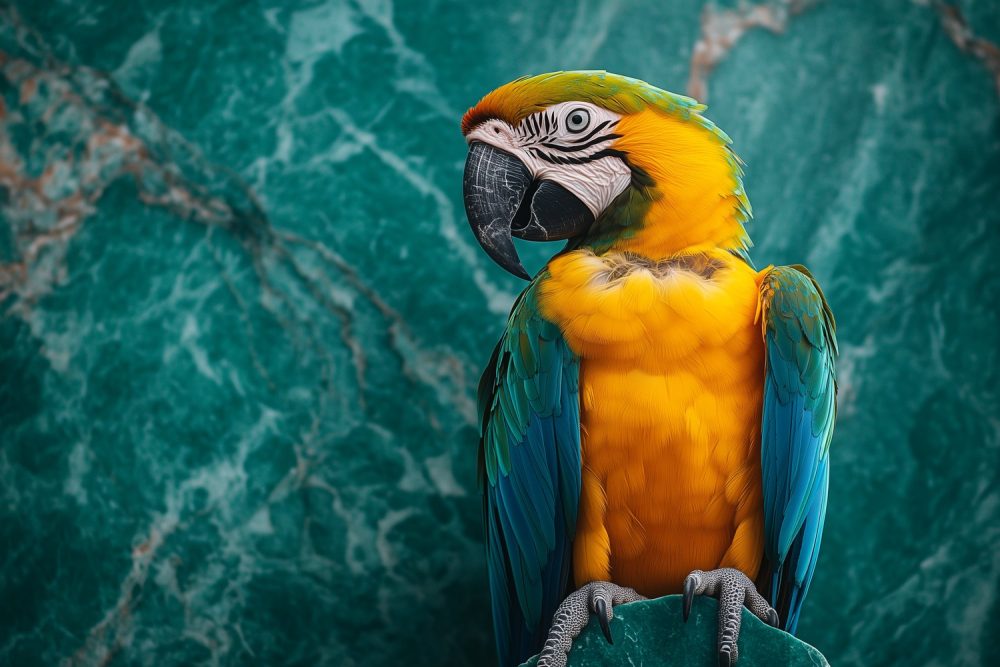 Levendige papegaai op blad behang