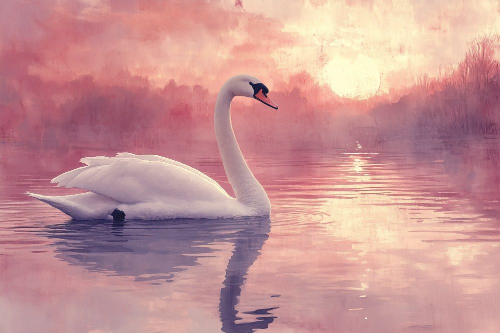 Sierlijke zwaan in zonsondergang behang