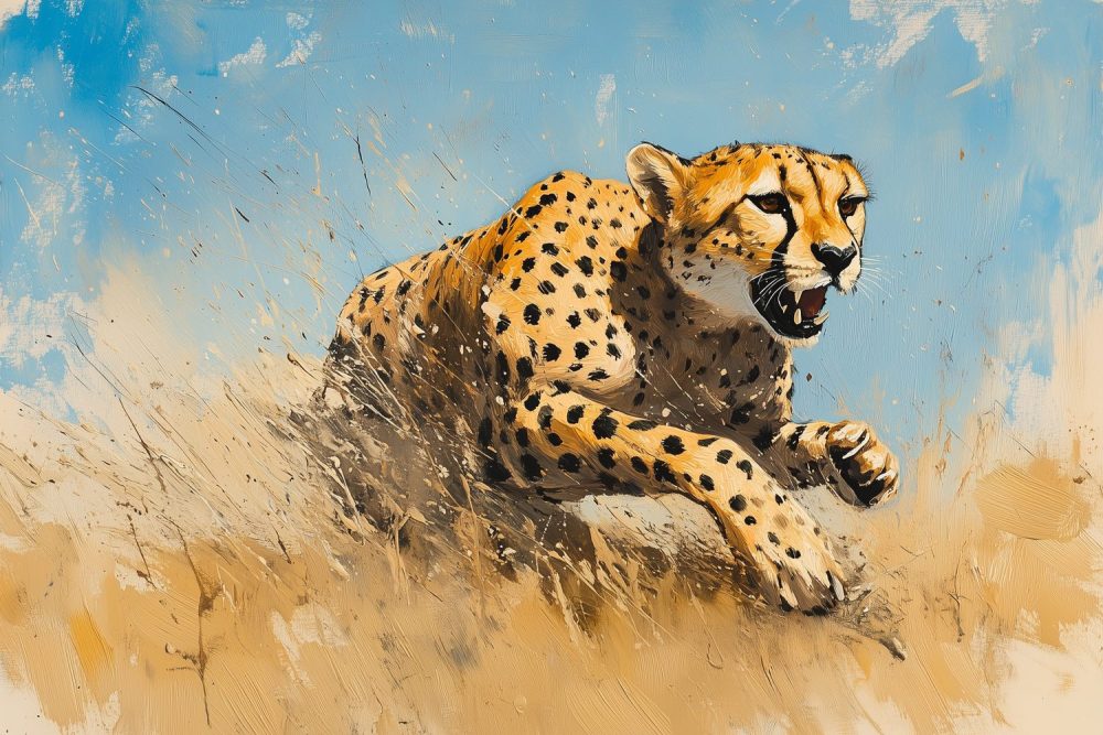 Sprintende Jachtluipaard in Gras behang