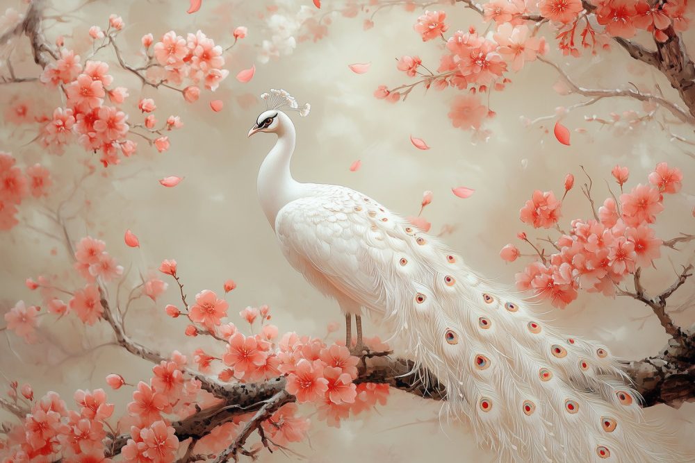 Witte pauw met roze bloemen behang