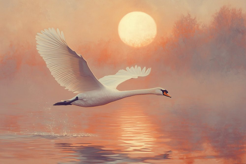 Zonsondergang met vliegende zwaan behang