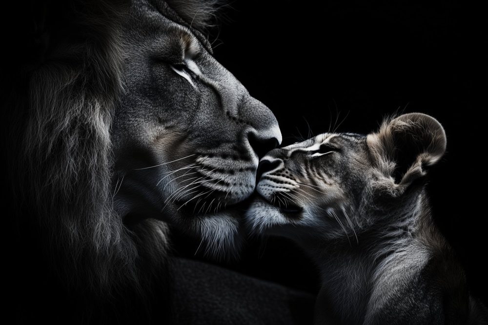 Teder leeuwenmoeder-kind moment behang