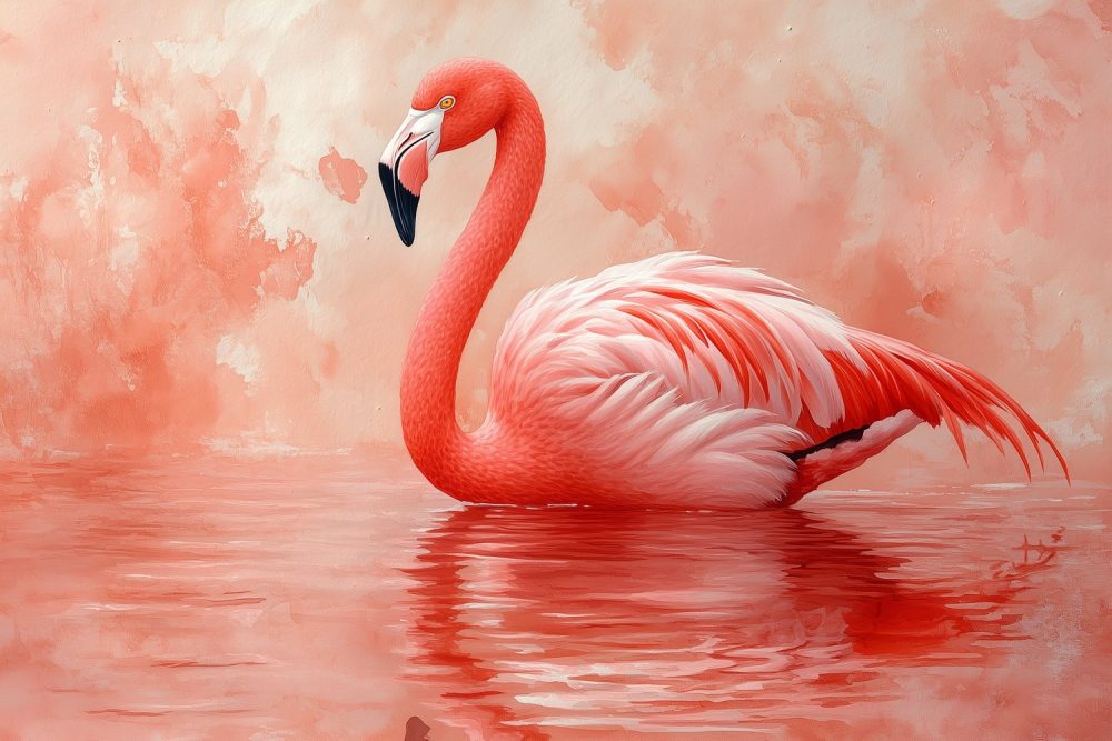 Roze flamingo in waterreflectie behang
