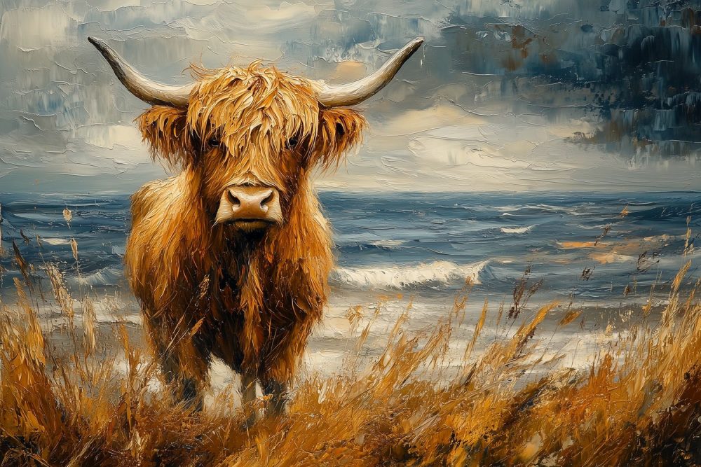 Impressionistische koe aan zee behang