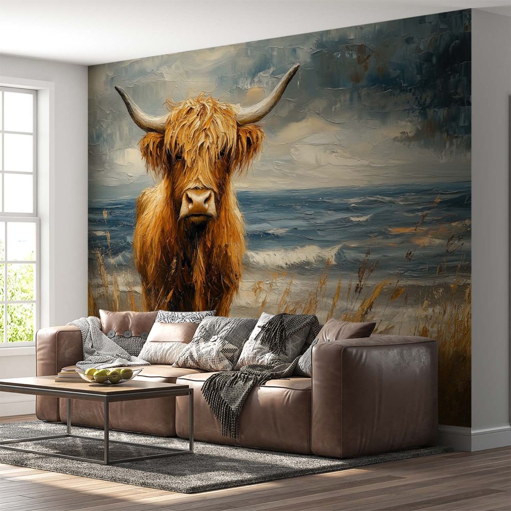 Alternative view of Impressionistische koe aan zee behang