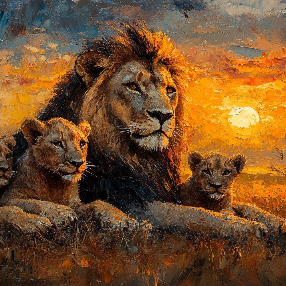 Impressionistische leeuwenfamilie schilderij behang