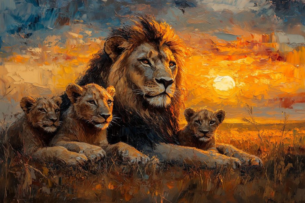 Impressionistische leeuwenfamilie schilderij behang