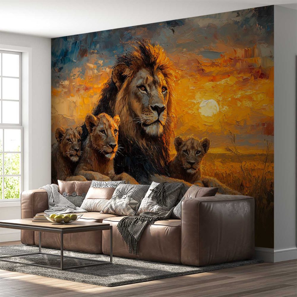 Alternative view of Impressionistische leeuwenfamilie schilderij behang