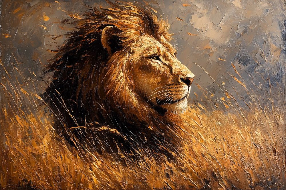 Machtige leeuw in natuur behang