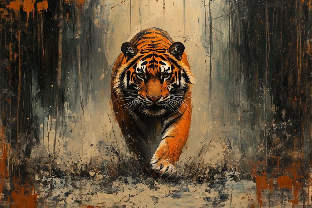 Dynamische rennende tijgerschilderij behang