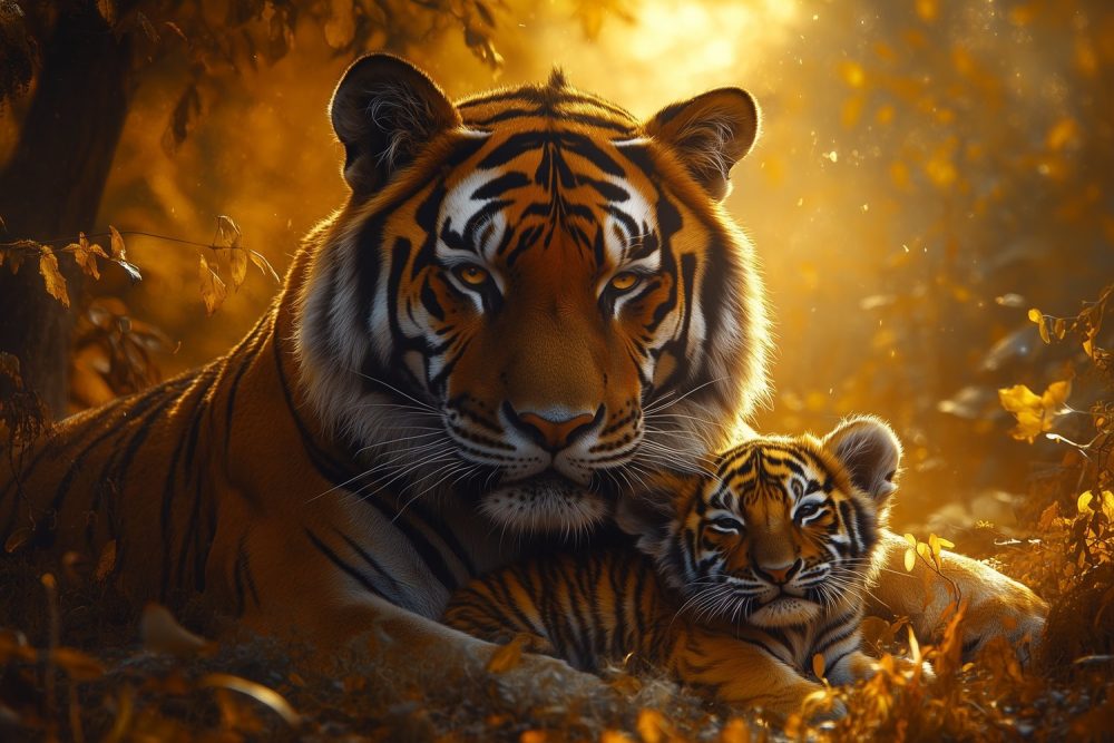 Tijgerwelp en moeder in bos behang