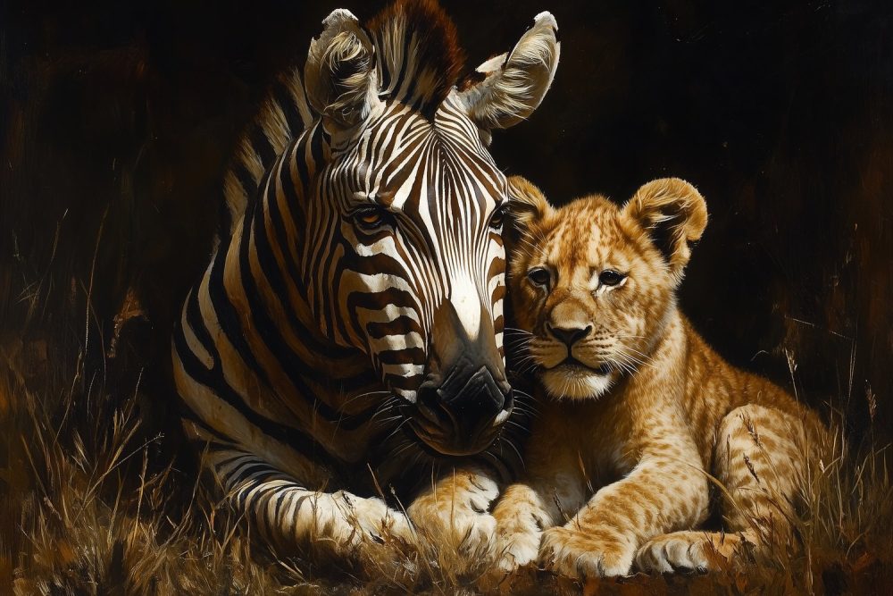 Zebra en Leeuwenwelp Teder Moment behang