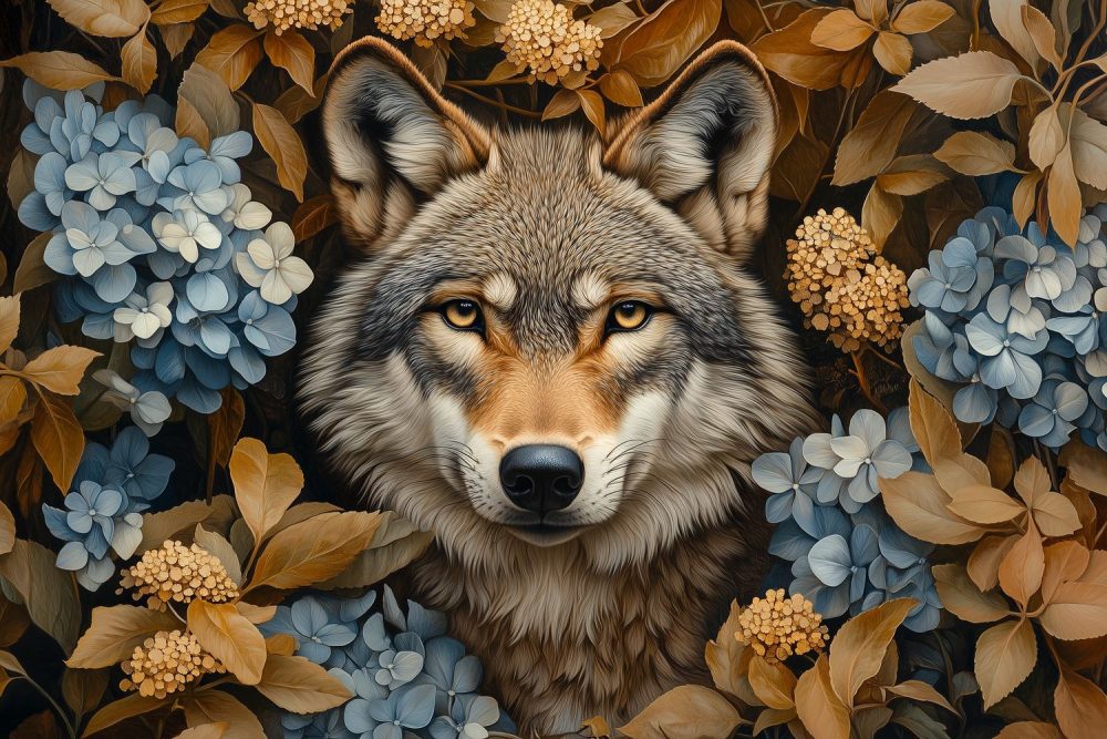 Betoverende wolf tussen bloemen behang