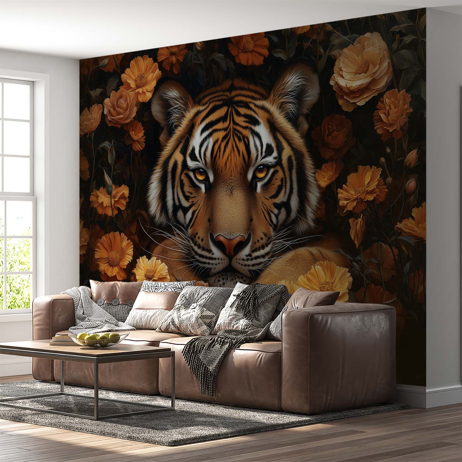 Tijger tussen bloemenzee behang - Afbeelding 3
