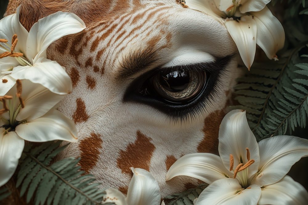 Giraffe met bloemensieraden behang