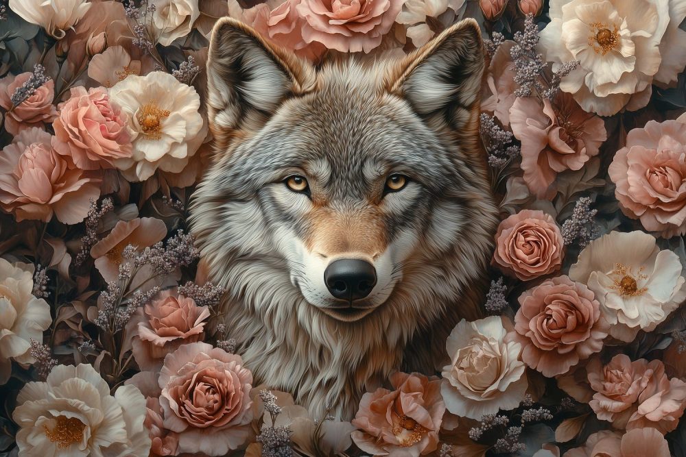 Wolf in bloemenpracht behang