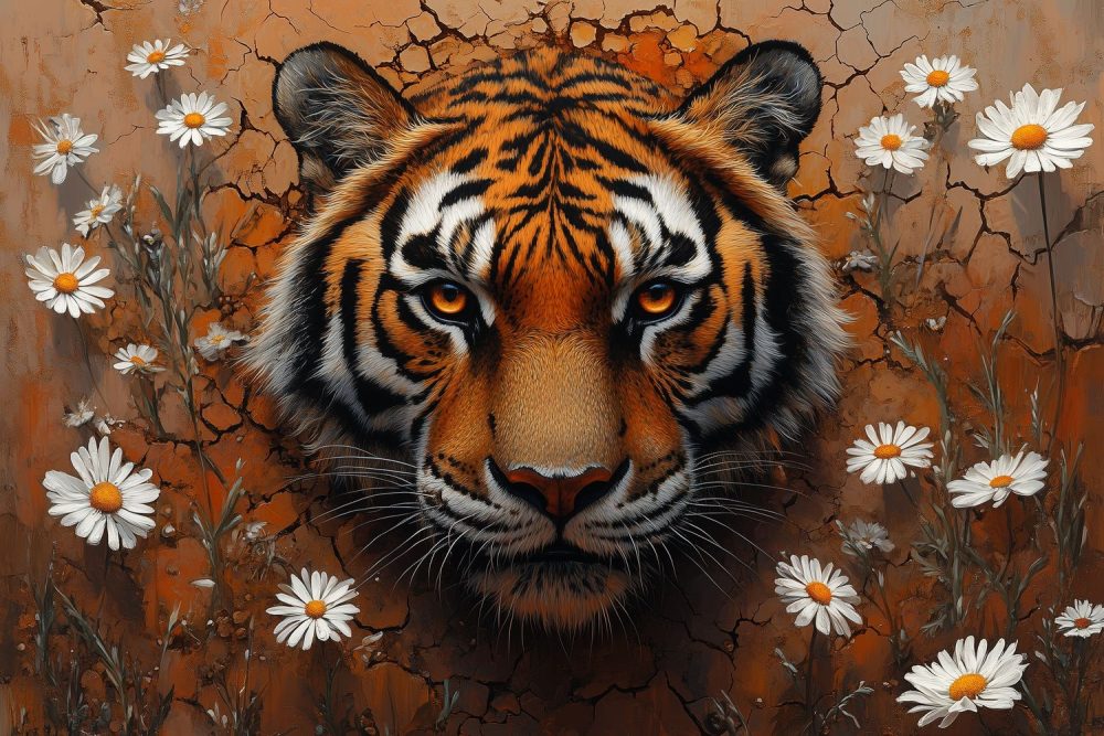 Tijger met Witte Madeliefjes behang