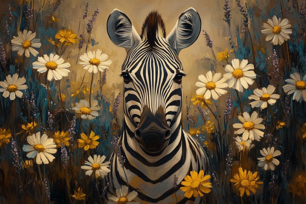Zebra in bloemenveld behang