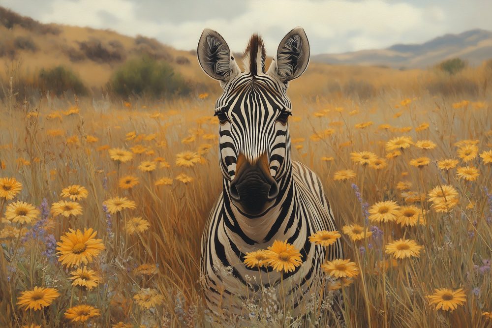 Zebra in Geel Bloemenveld behang