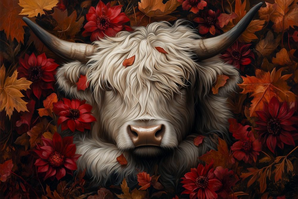 Herfstige koe met bloemen behang