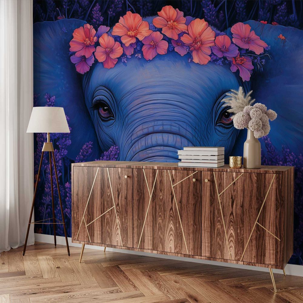 Alternative view of Gekroonde Blauwe Olifant behang