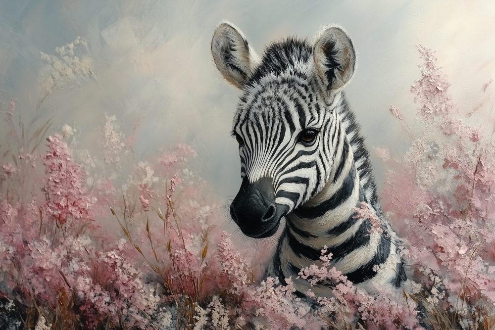 Zebra in Roze Bloemenveld behang
