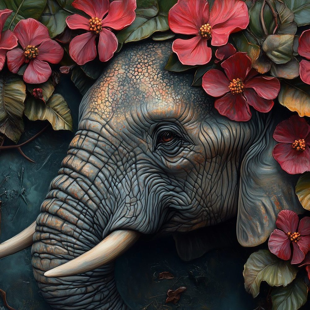 Gedetailleerd Olifantenbloemensculptuur behang