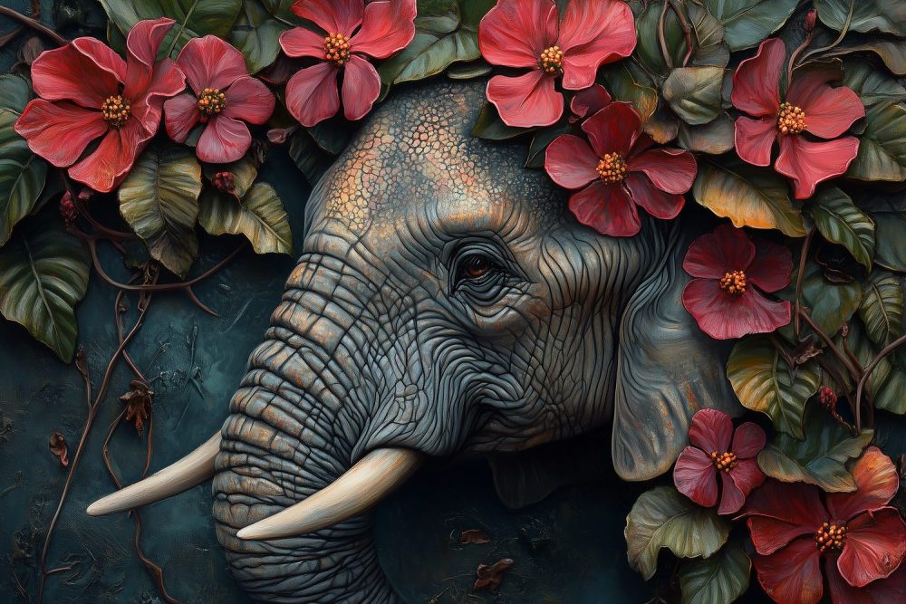 Gedetailleerd Olifantenbloemensculptuur behang