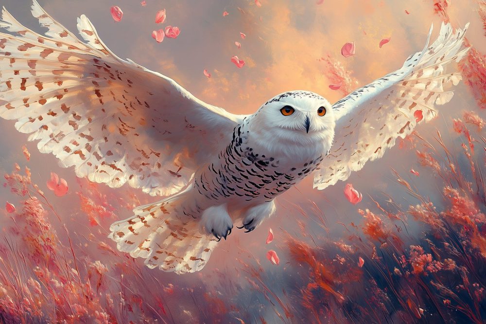 Witte Uil in Bloemenvlucht behang