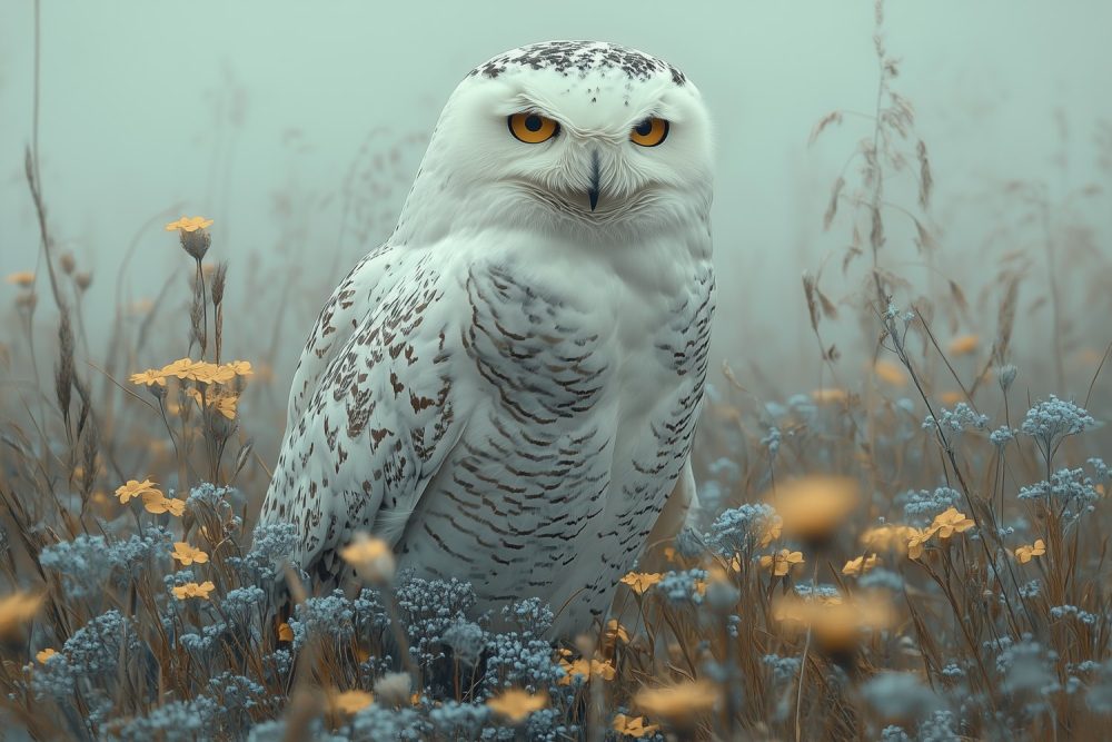 Sneeuwuil in Wildebloemenveld behang