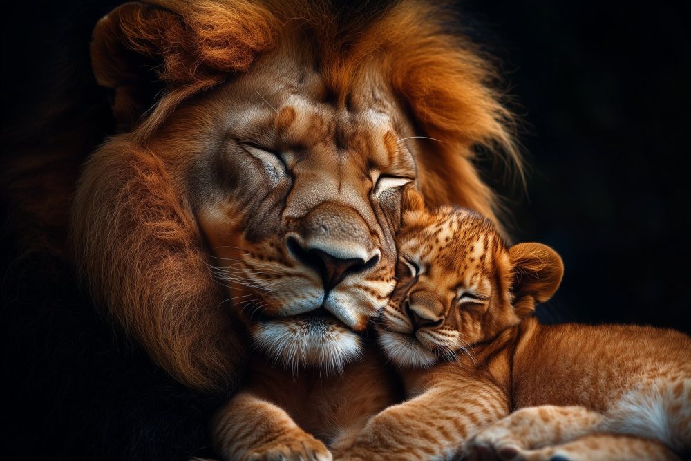 Liefdevol leeuwenmoeder en welp behang