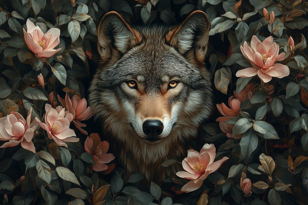 Wolf tussen roze bloemen behang