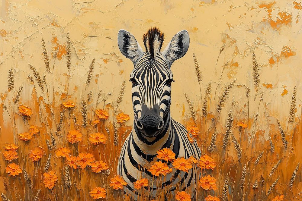 Zebra in Oranje Bloemenveld behang