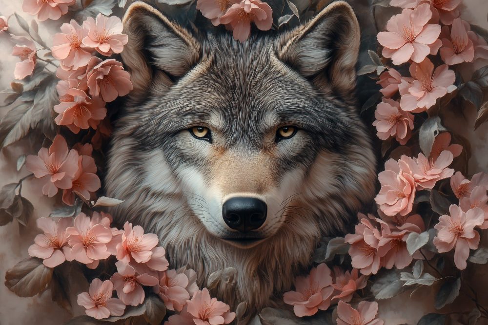 Wolf tussen roze bloemen behang